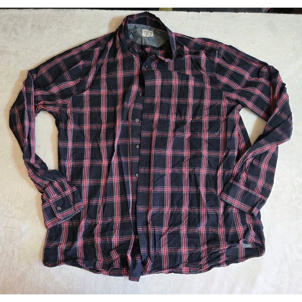 M393 Old Navy Men's XXL Slim Fit Plaid Button Down Shirt Navy Red Long Sleeve